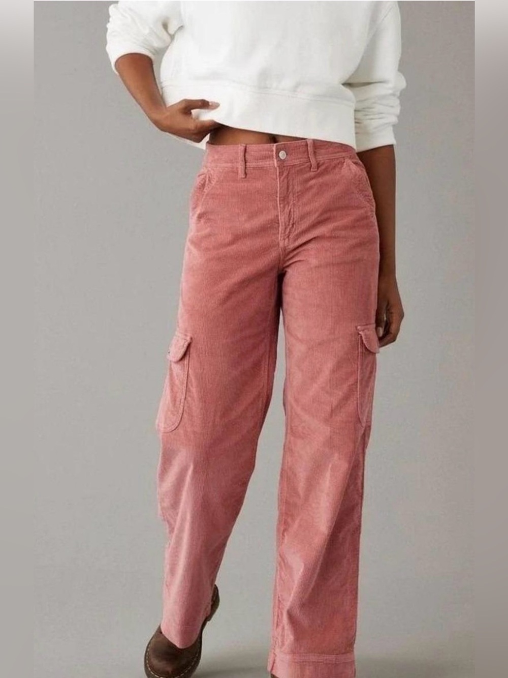 American Eagle Stretch Super High-Rise Baggy Wide Leg Pink Corduroy Pants Size 2